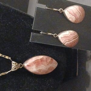 925 pink rhodochrosite tear drop earrings and necklace set
